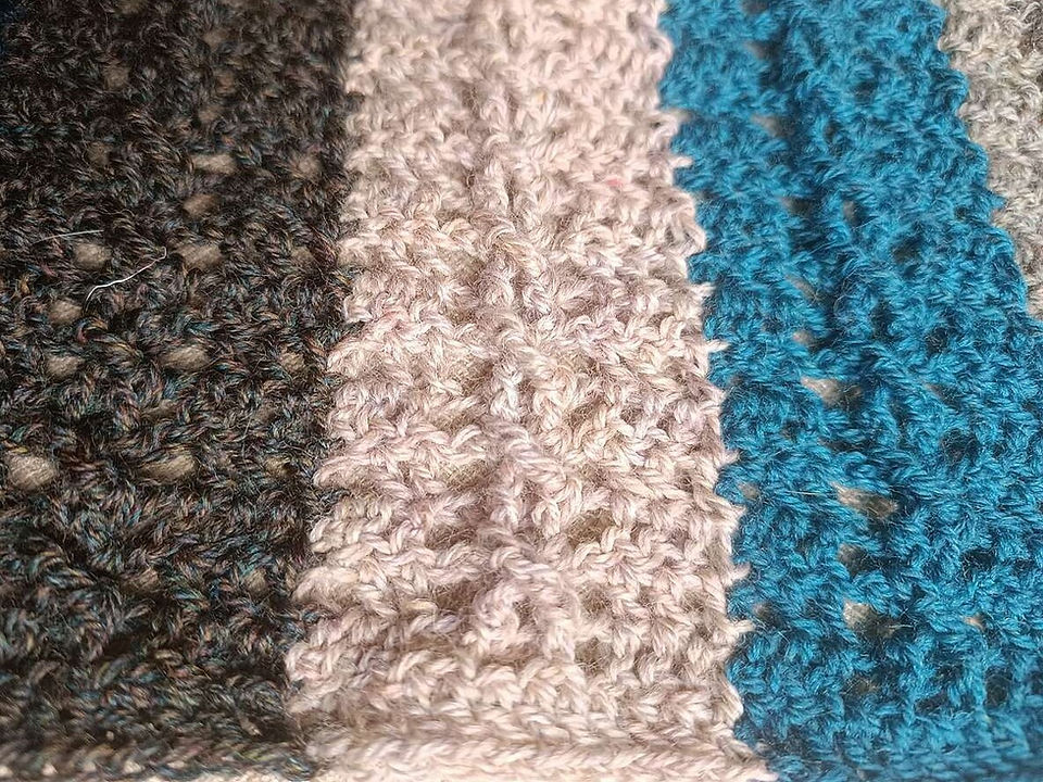 Gray, cream, and blue swatch crocheted by Louisa Saunders as part of The One with all the Colors crochet cowl pattern test