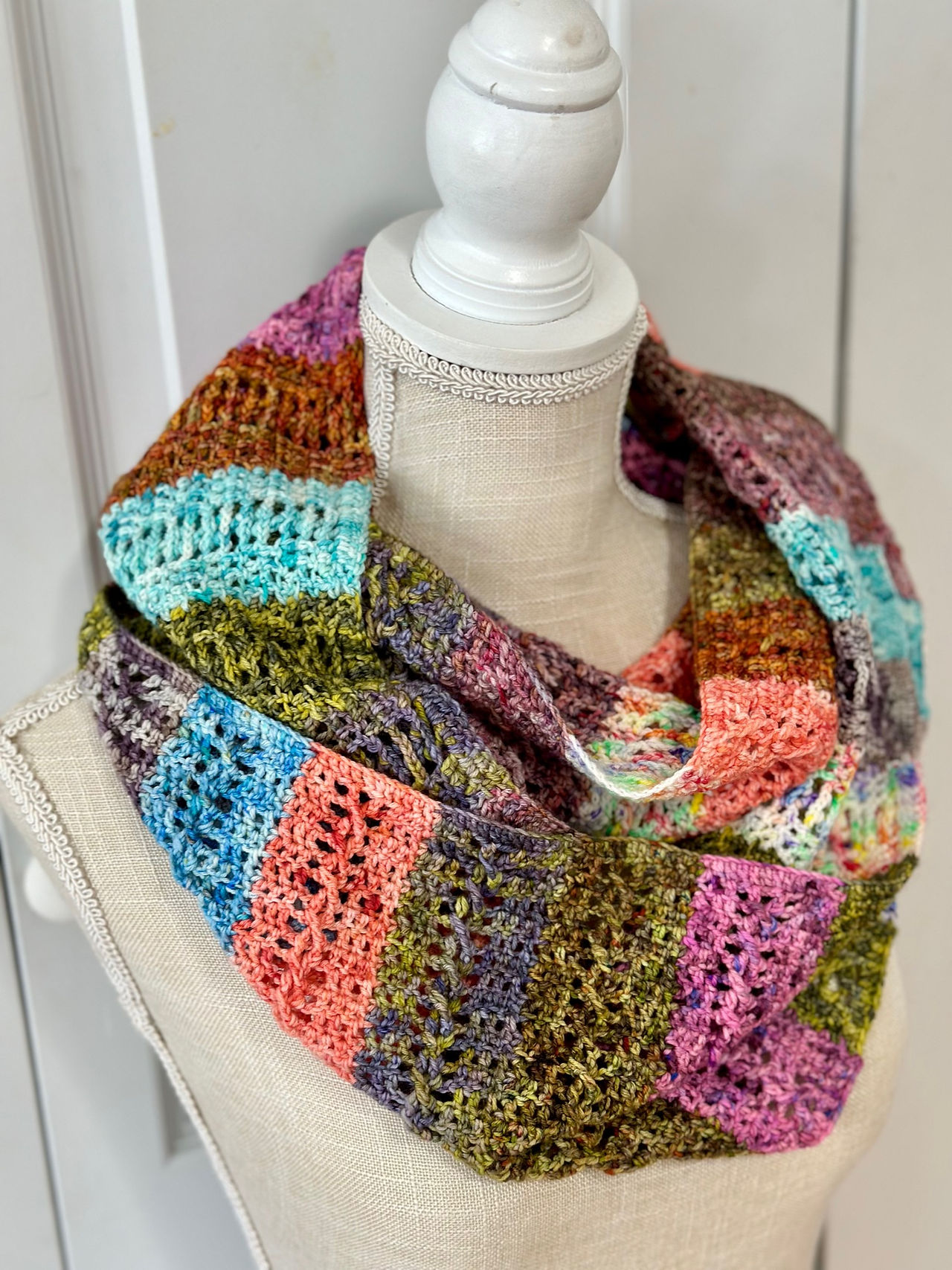 Multicolored cowl crocheted by Christine Carrier as part of The One with all the Colors crochet cowl pattern test
