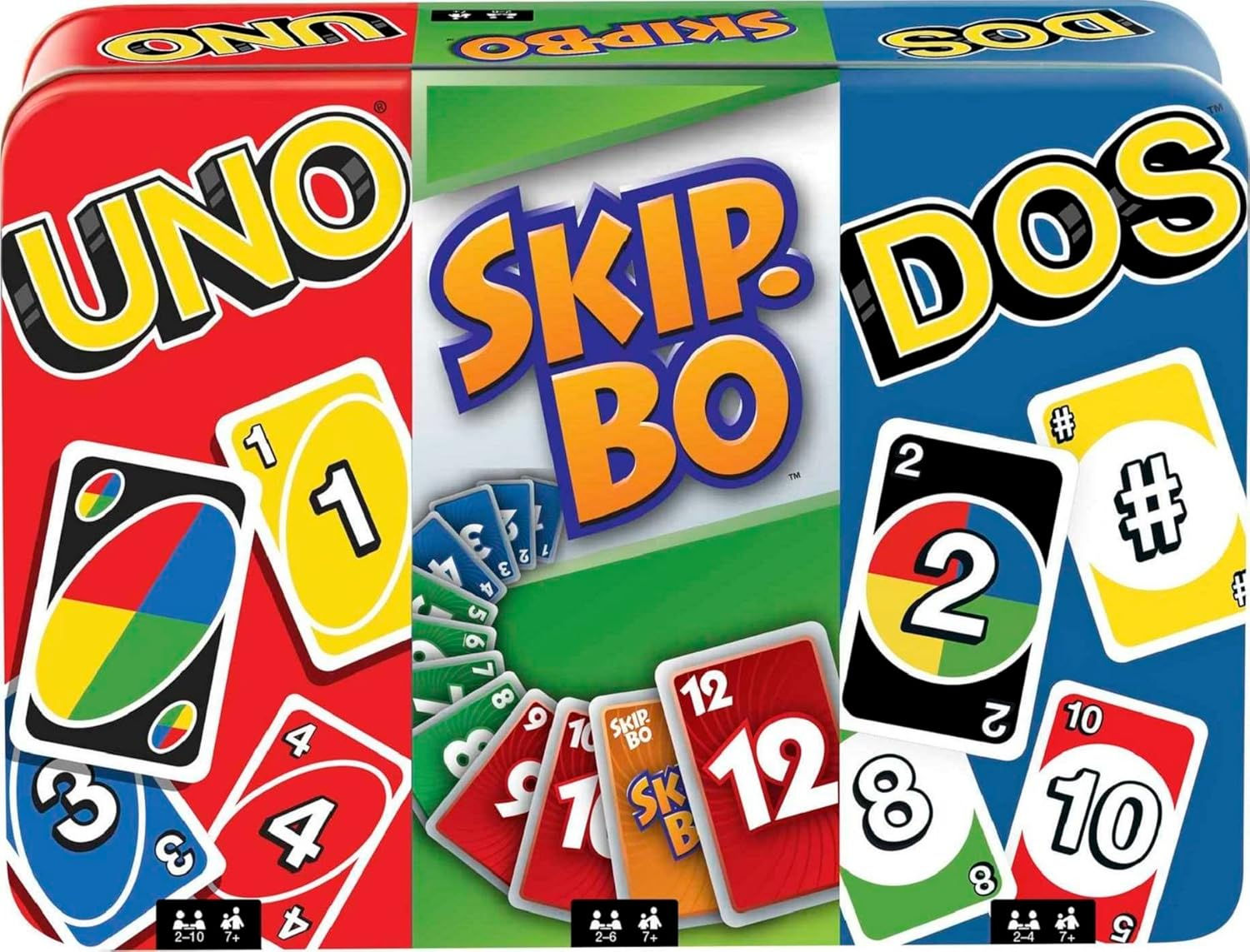 סט של 3 משחקים עם UNO, Skip-Bo & DOS עם קופסת פח לאחסון