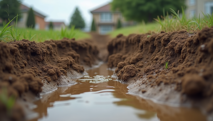 Close-up view of soil erosion and water pooling near a home's foundation