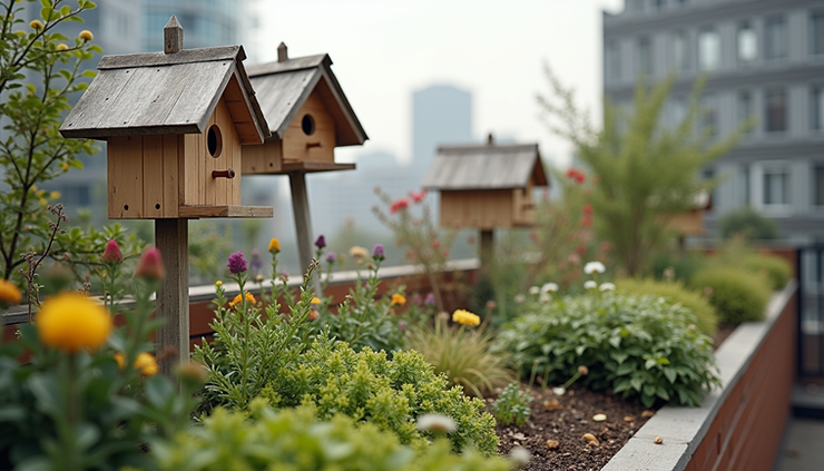 Eye-level view of a green rooftop garden with native plants and birdhouses