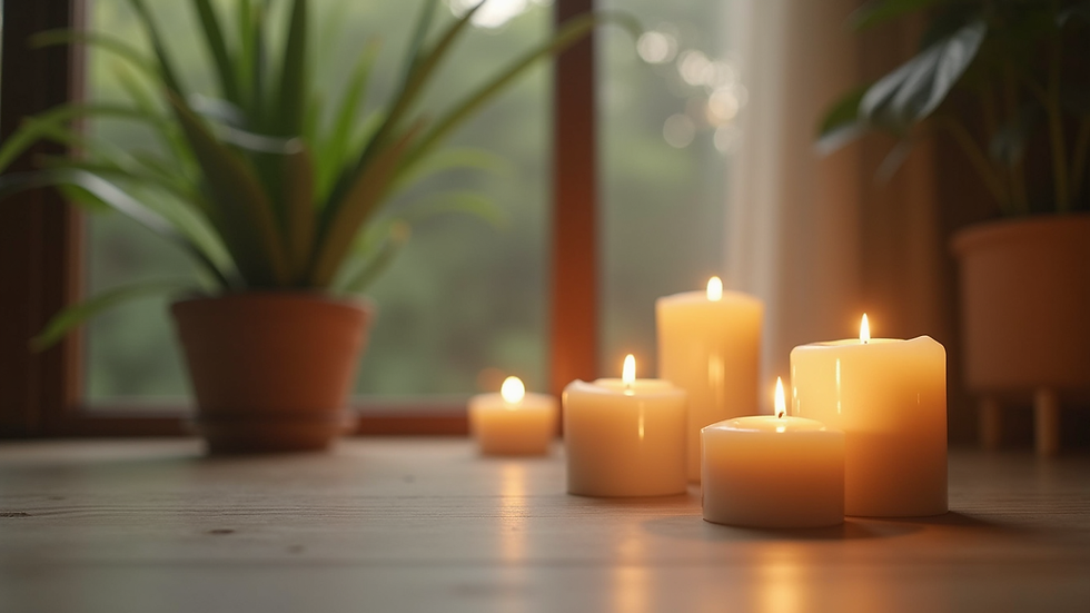 Close-up view of a serene meditation space with candles and plants