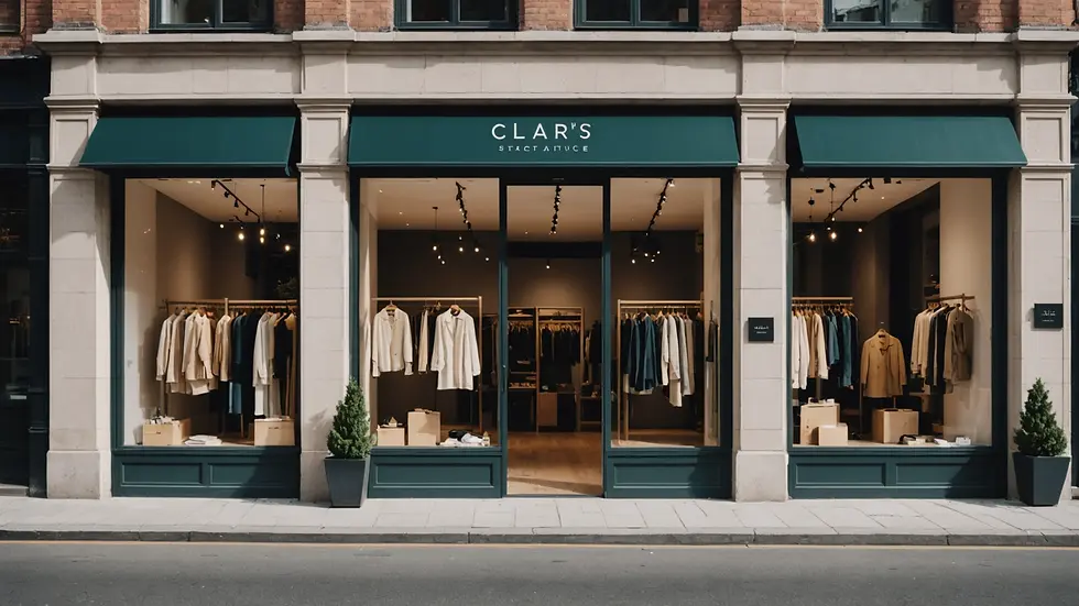 Eye-level view of a minimalist storefront showcasing artisan clothing