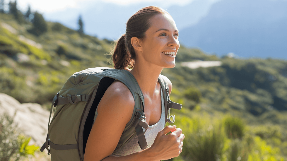 Smiling woman hiking with a backpack on a sunny day, surrounded by green hills and blue sky. Energetic and joyful mood.