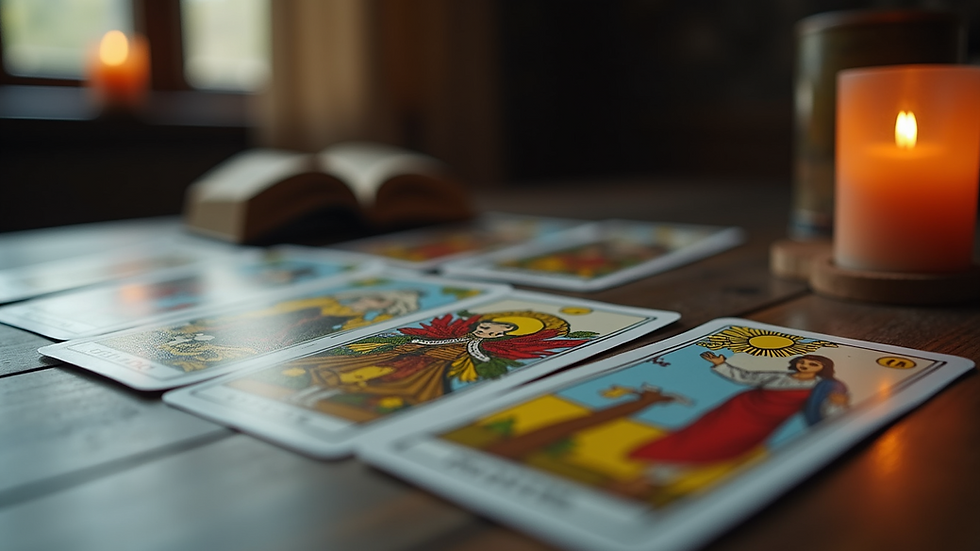 Close-up view of tarot cards spread on a table