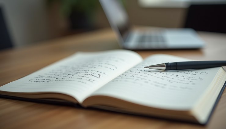 Close-up view of a notebook with handwritten notes and a pen on a wooden table