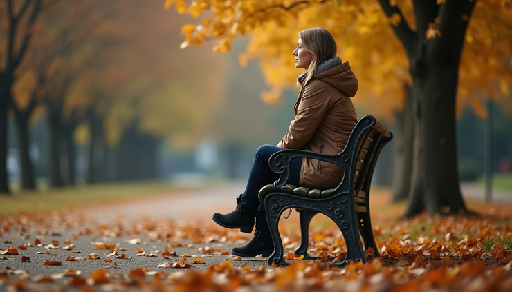 Eye-level view of a woman sitting alone on a park bench with autumn leaves around her