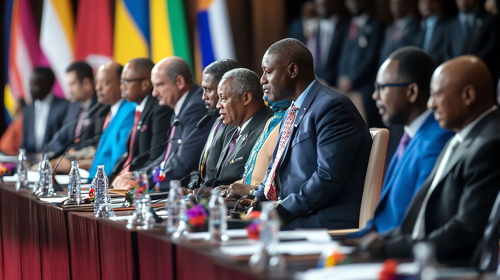 group-men-suits-sit-table-with-microphones-water-bottles-front-them-row-flags-are-visible-