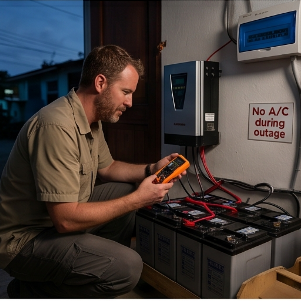 Homeowner checking inverter batteries and backup power system in the Dominican Republic. Many expats face unexpected home maintenance costs including power systems, battery replacements, and repairs.