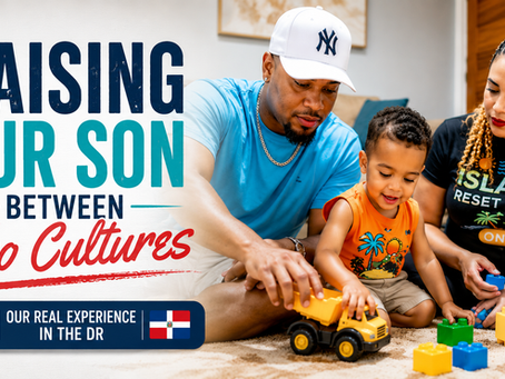 American-Dominican family playing with their toddler at home while raising a bilingual child in the Dominican Republic.