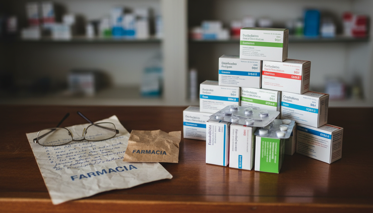 Close-up view of a pharmacy counter with prescription boxes and a handwritten medication list