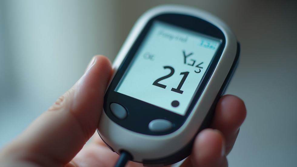 Close-up view of a blood glucose meter displaying a reading