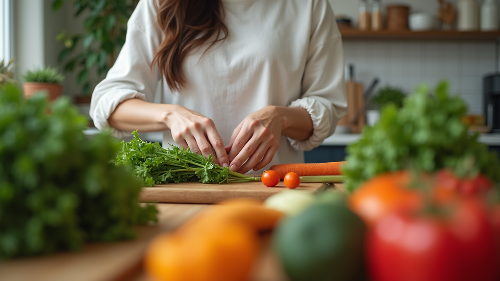 Eye-level view of a mother preparing fresh vegetables in her kitchen