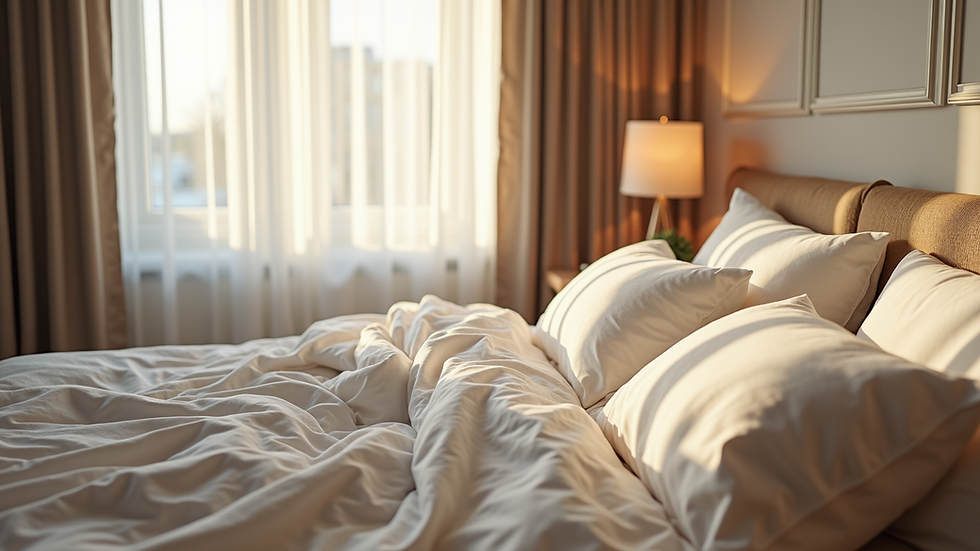 High angle view of cozy bedroom design with soft linens