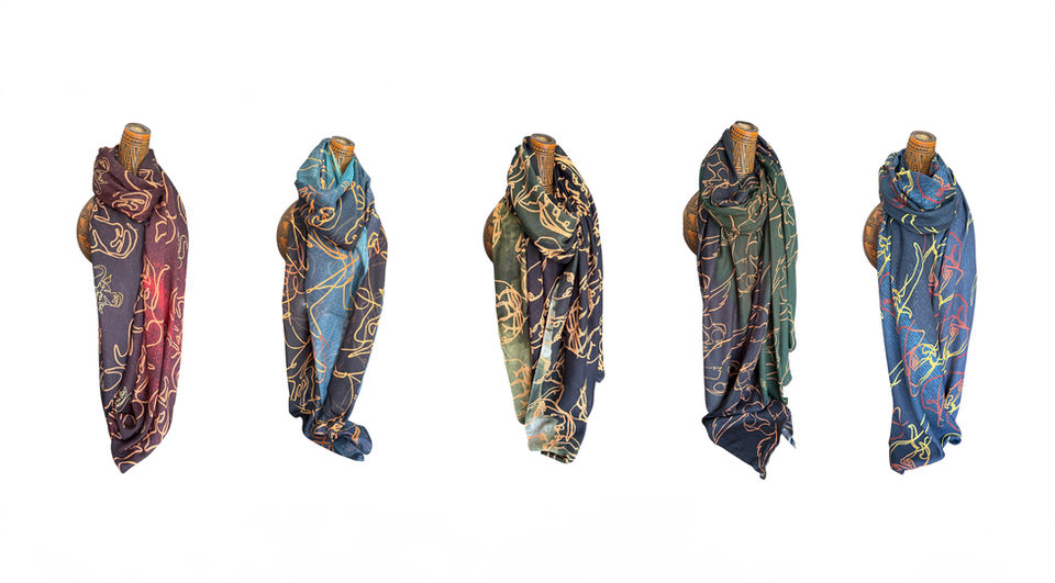 Safariki Big Five cashmere scarf collection – set of luxury scarves with lioness, elephant, leopard, rhino, and buffalo designs