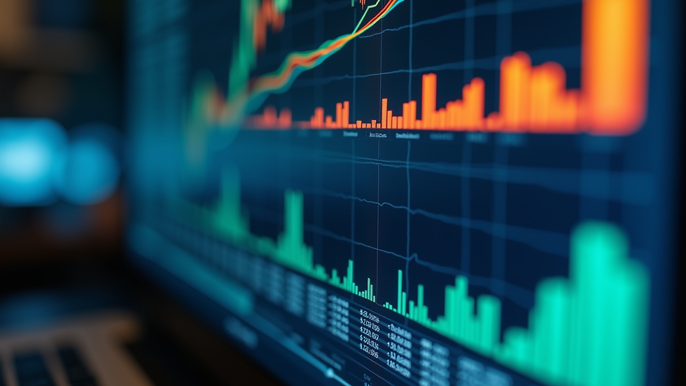 Close-up view of a computer screen displaying financial graphs and ratios