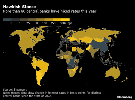 World map showing countries who raised interest rates in 2022