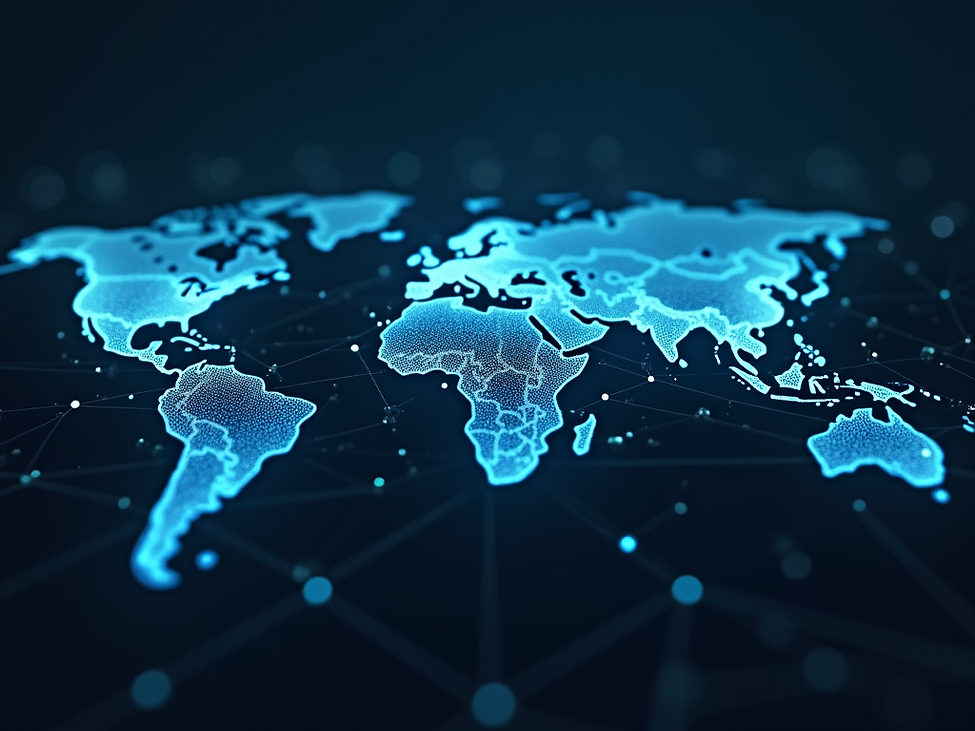 Global network of interconnected nodes representing data flow and technological advancemen