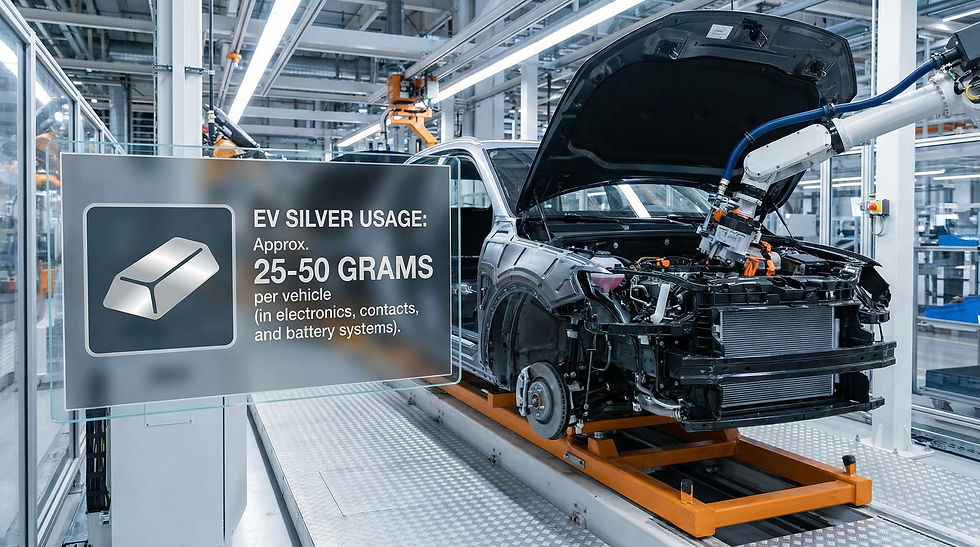 Typical electric vehicles use 25 to 50 grams of silver in internal systems and components.