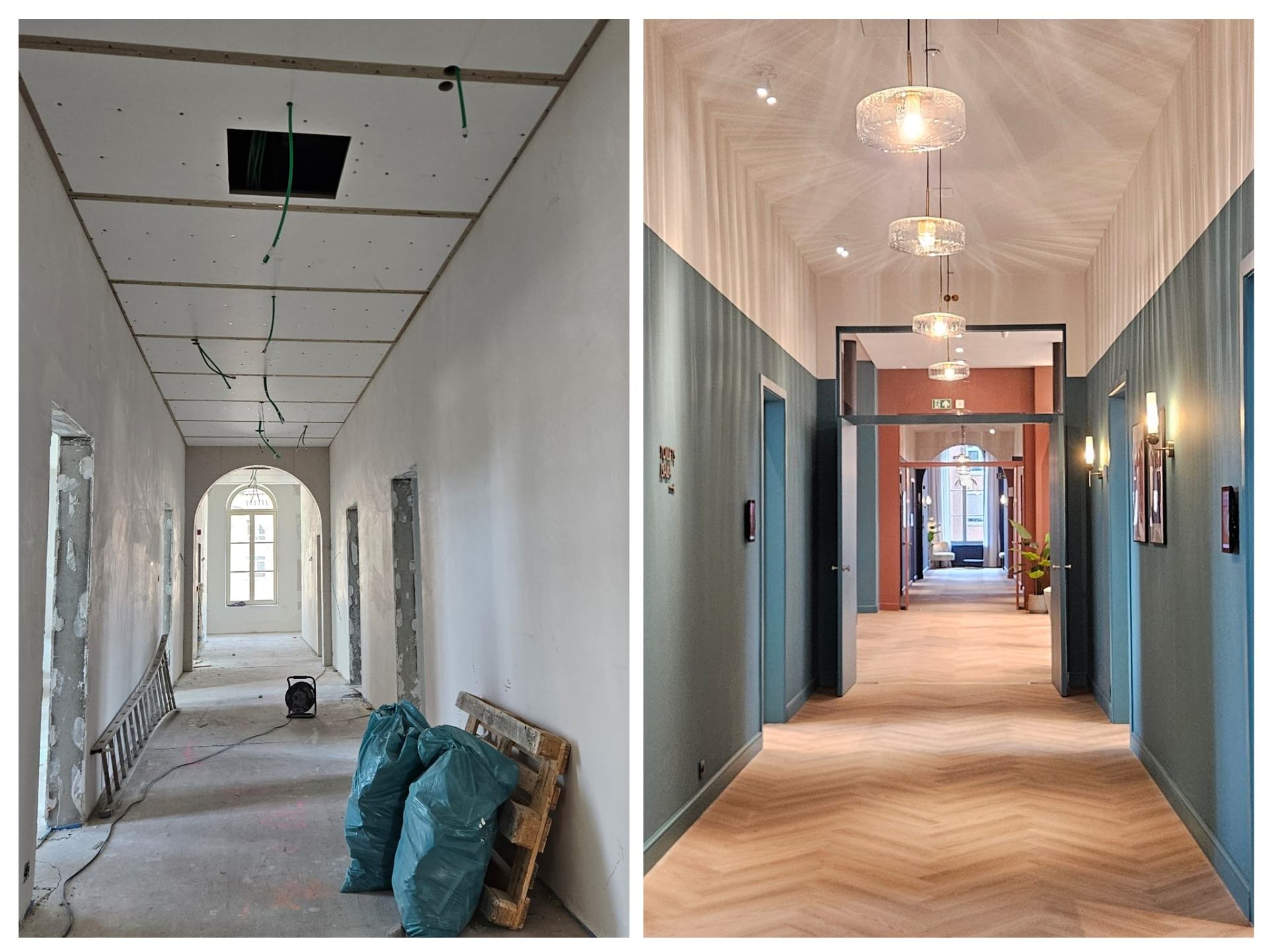 Hotelgang voor en na de renovatie