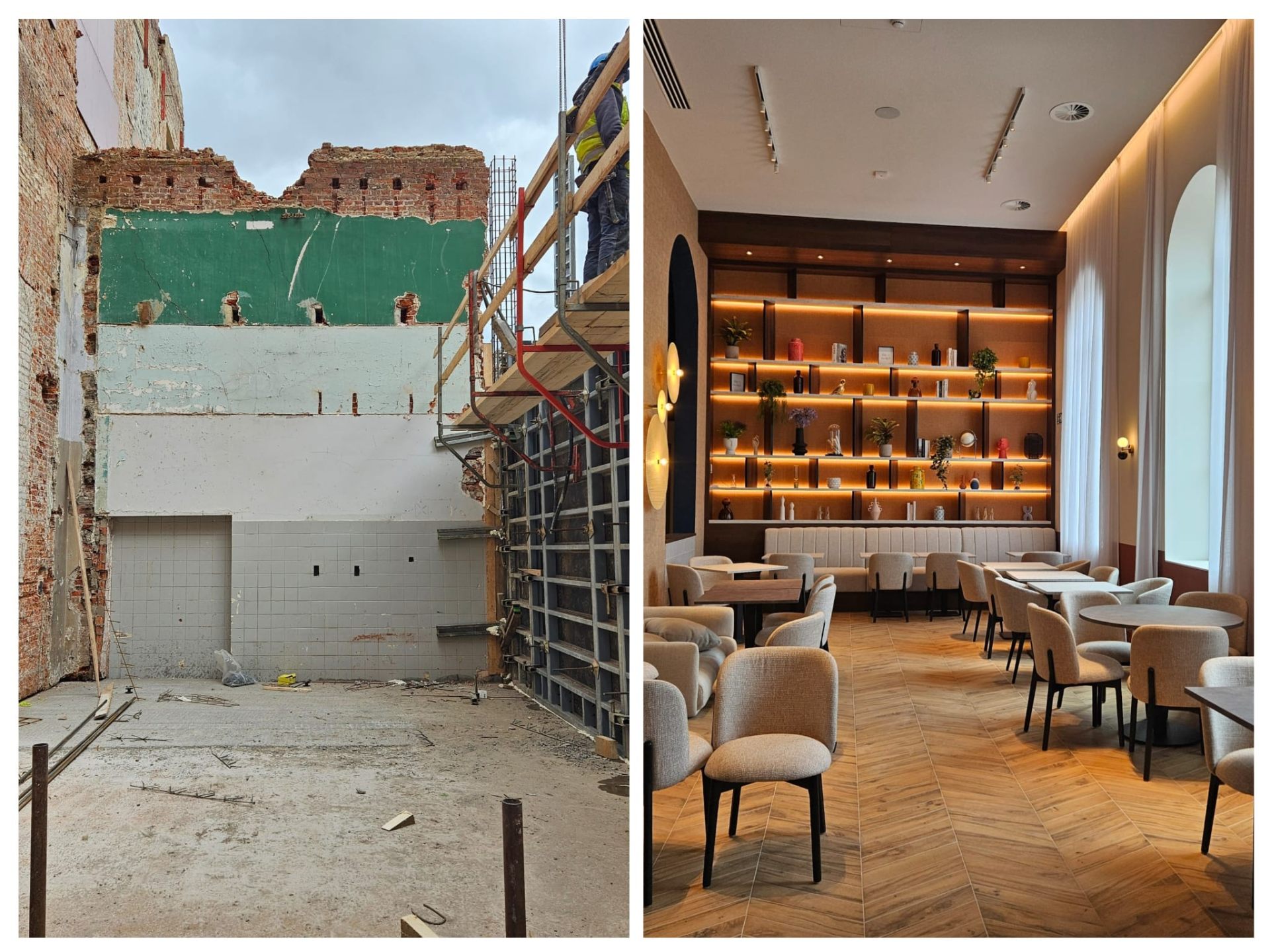 Restaurantzaal voor en na de renovatie