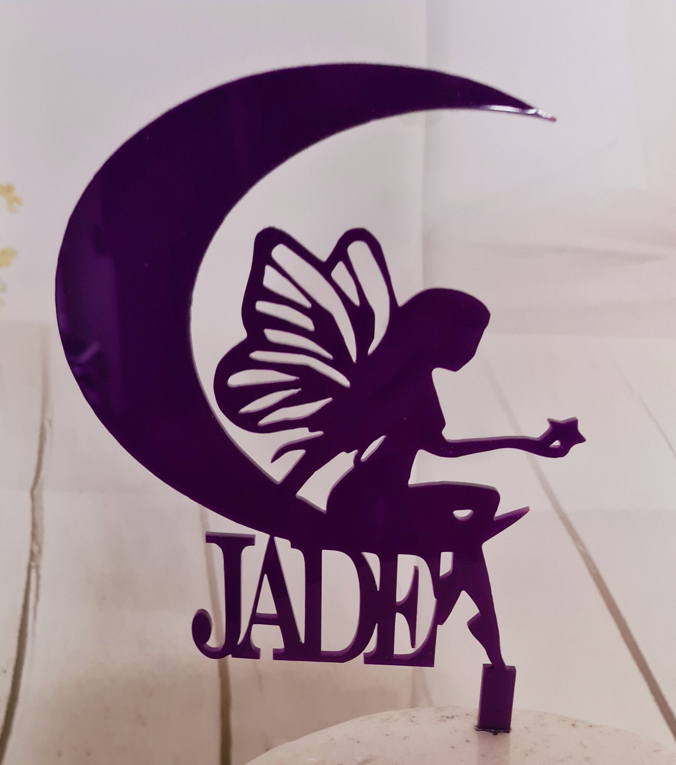 Fairy on the moon with name birthday acrylic cake or cupcake t