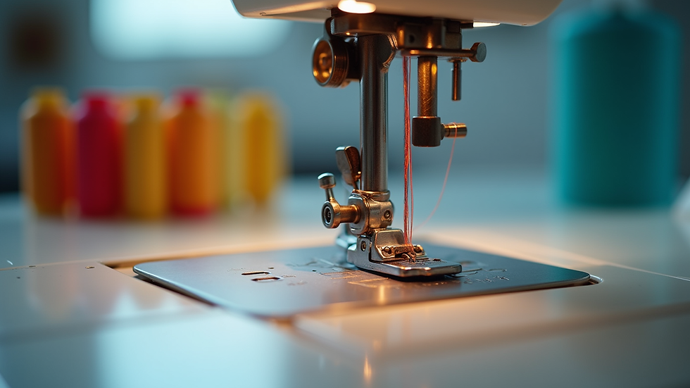 Eye-level view of a sewing machine with colorful threads