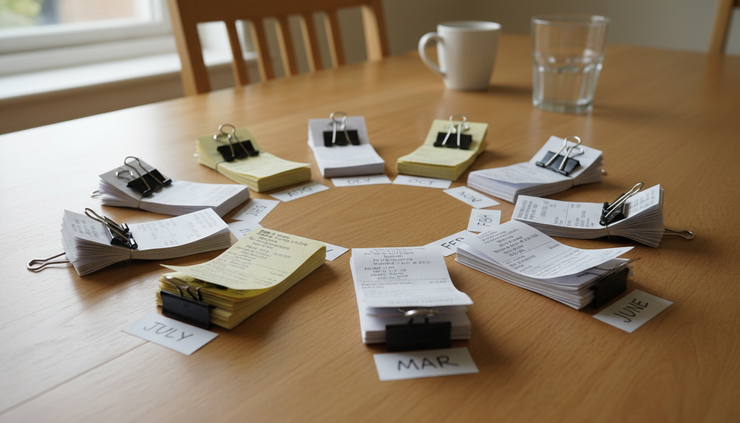 Close-up of labelled monthly paper piles with receipts clipped together