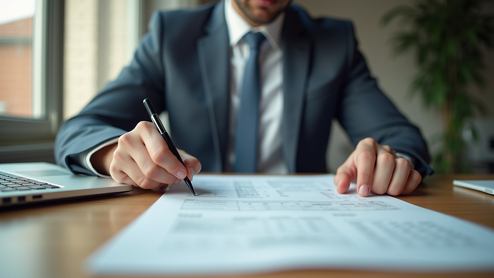 Eye-level view of a small business owner reviewing financial documents at a desk