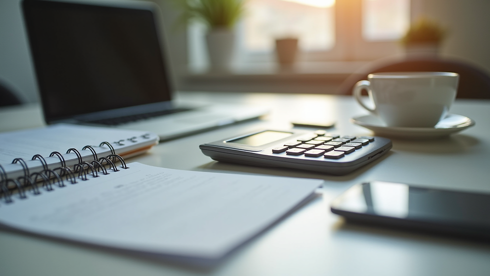 Eye-level view of a neat desk with a calculator, notebook, and coffee cup