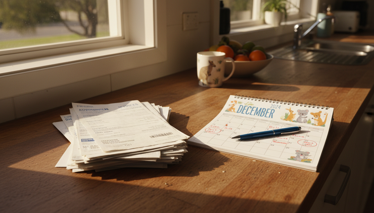 Eye-level view of stacked supplier invoices and a calendar on a kitchen bench.