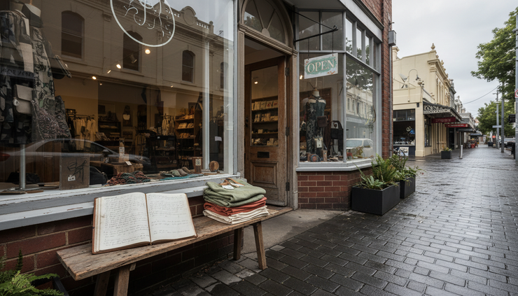 Wide-angle view of a small retail shop entrance with a ledger and shopping bags on a bench