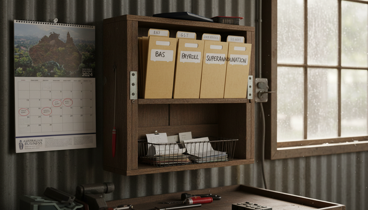Wide-angle view of a wall calendar and labelled folders on a workshop shelf.