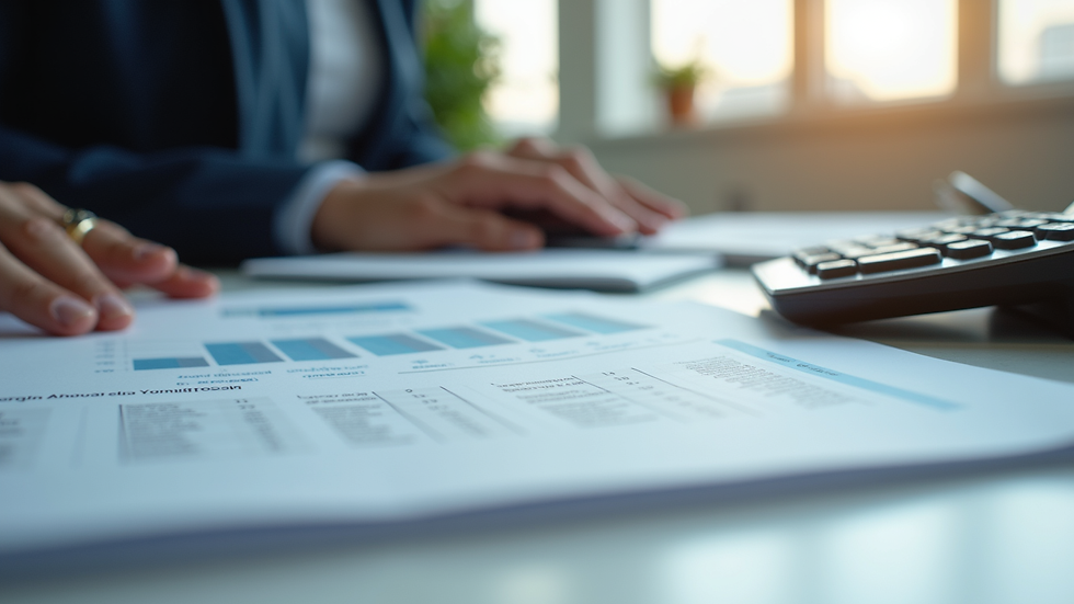 Eye-level view of a calculator and financial documents on a desk
