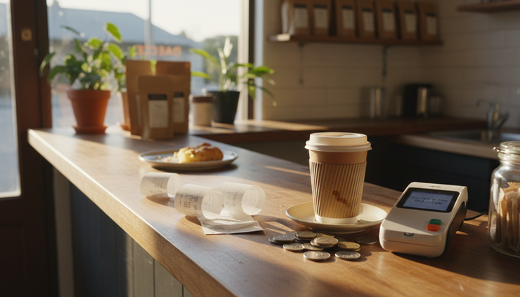 Close-up view of paper receipts beside a takeaway coffee at a cafe counter.