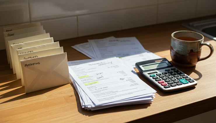 Close-up view of neatly sorted paper invoices and labelled envelopes on a kitchen bench