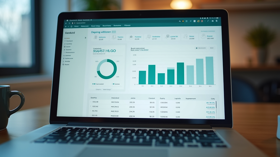 Close-up view of a laptop screen showing bookkeeping software dashboard