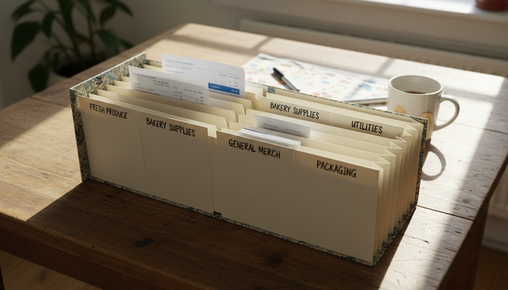 Overhead view of a folder with labelled supplier sections on a kitchen table.