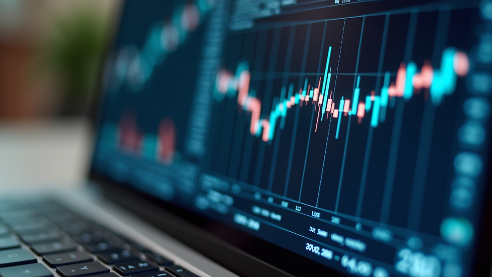 Close-up view of a laptop screen showing financial graphs and reports
