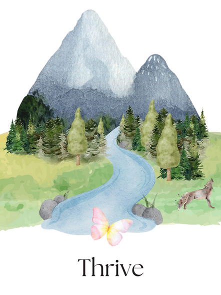 Illustration of a mountain scene with a river, wolf and butterfly in the foreground, with the word Thrive at the foot of the image.