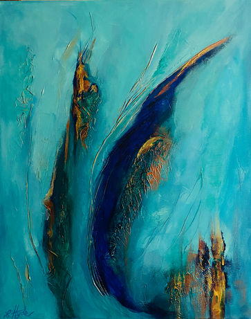 BY THE SEASIDEi is a textured marine abstracted impressionist painting in acrylic paint on canvas depicting the colours of the ocean of blues turquoise and gold