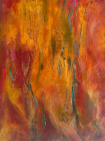 Changing Seasons is a small acrylic abstracted impressionist painting in deep orange and crimson with turquoise marks depicting the Australian bush landscape