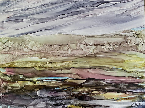 Infinite Land is a painting of the Australian outback with distant mountains and big sky. Painted in quality inks on aluminium art board in beautiful earth tones