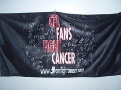 The CFL Fans Fight Cancer flag, black with our red and white logo