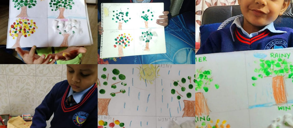 Students understand season with thumb painting and cotton dabbing techniques