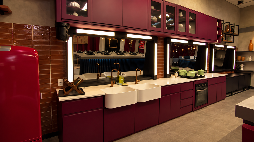 Cozinha Burgundy com Bancadas Iluminadas