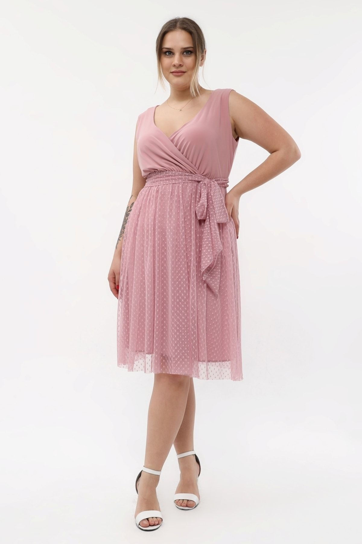 Tül Esnek Şık Midi Abiye Elbise 3054 - GÜL KURUSU