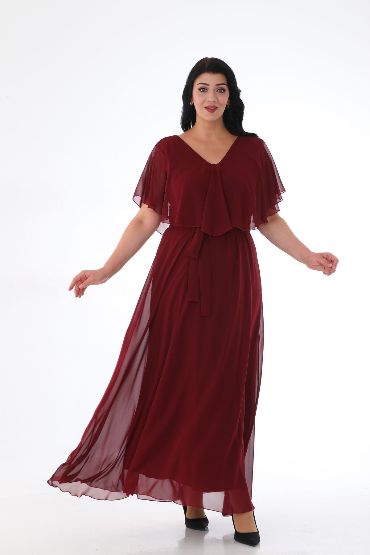 Işıltı Şifon V Yaka Pelerinli Büyük Beden Şık Abiye Elbiese 3065 - BORDO