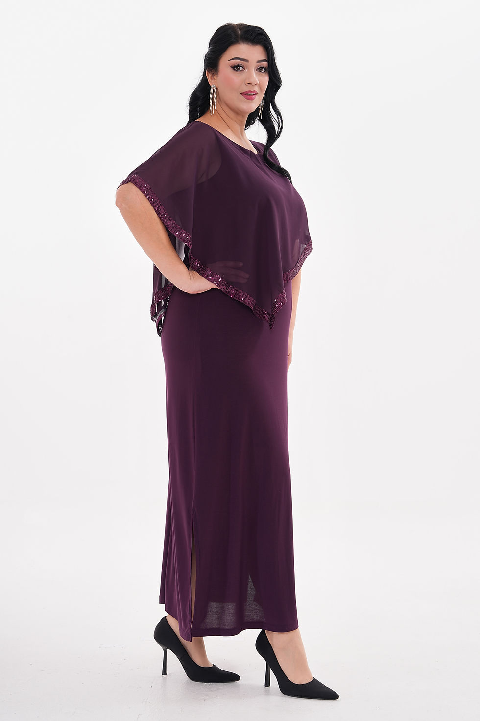 Küçük resim: ABİYE BÜYÜK BEDEN ŞİFON PELERİNLİ PAYET DETAY YIRTMAÇLI UZUN ABİYE ELBİSE 3116