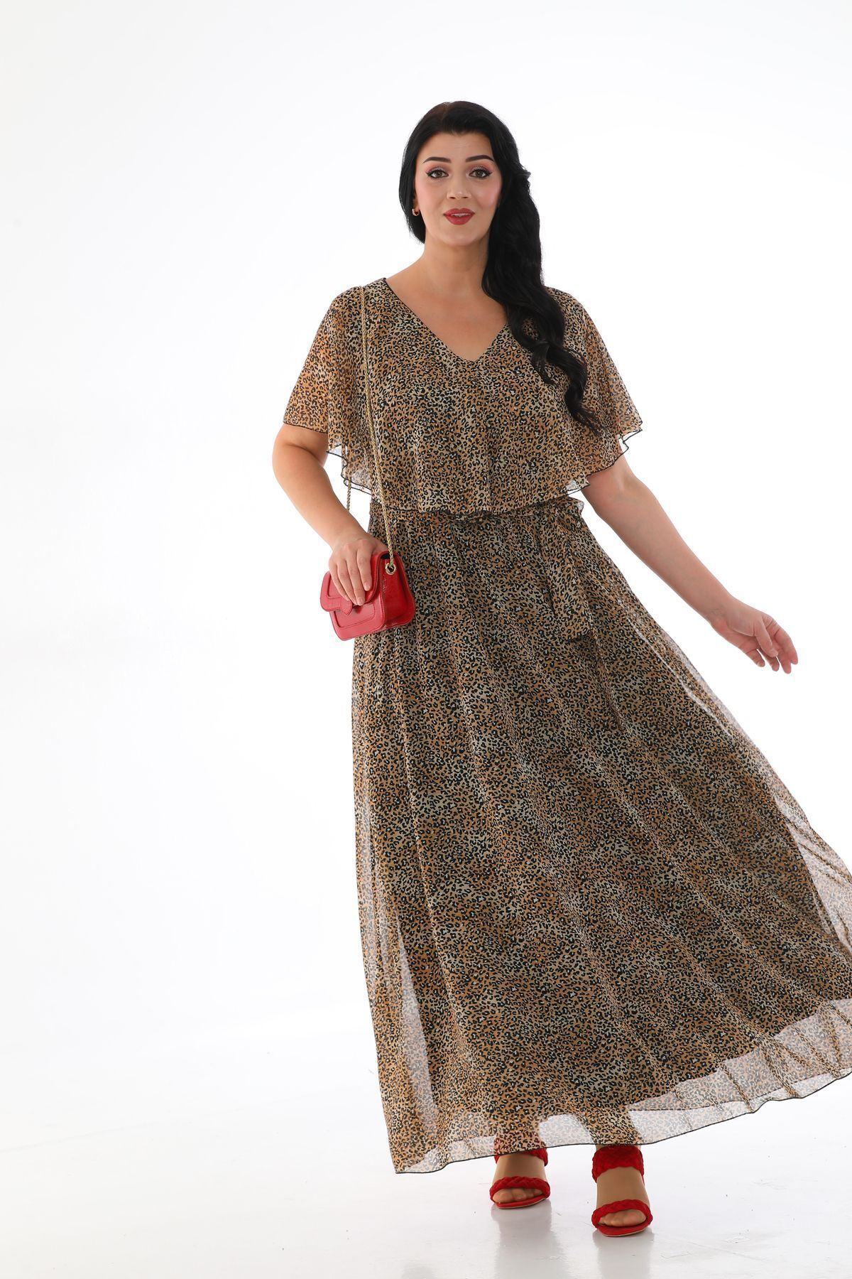 Işıltı Şifon V Yaka Pelerinli Büyük Beden Şık Abiye Elbiese 3065 - KÜÇÜK LEOPAR